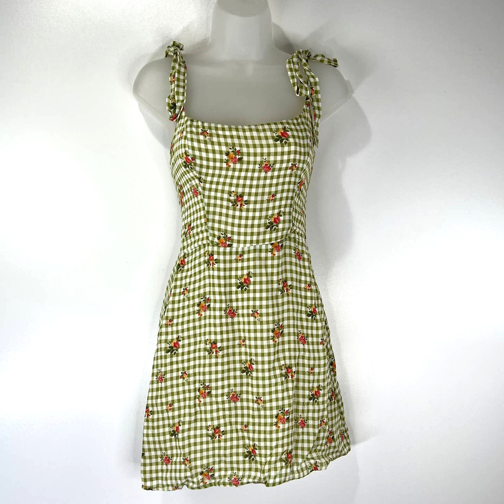 Reformation Gingham Mini Dress Green Floral Shoulder Ties